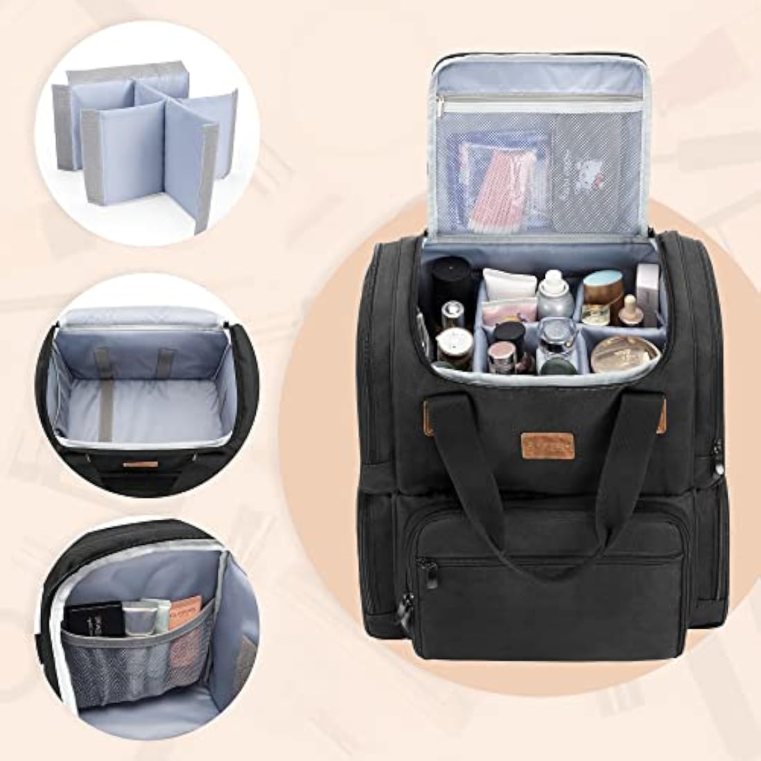 BAFASO Makeup Backpack with 3 Inner Removable Pouches, Travel Makeup Bag with Multiple Pockets, Black