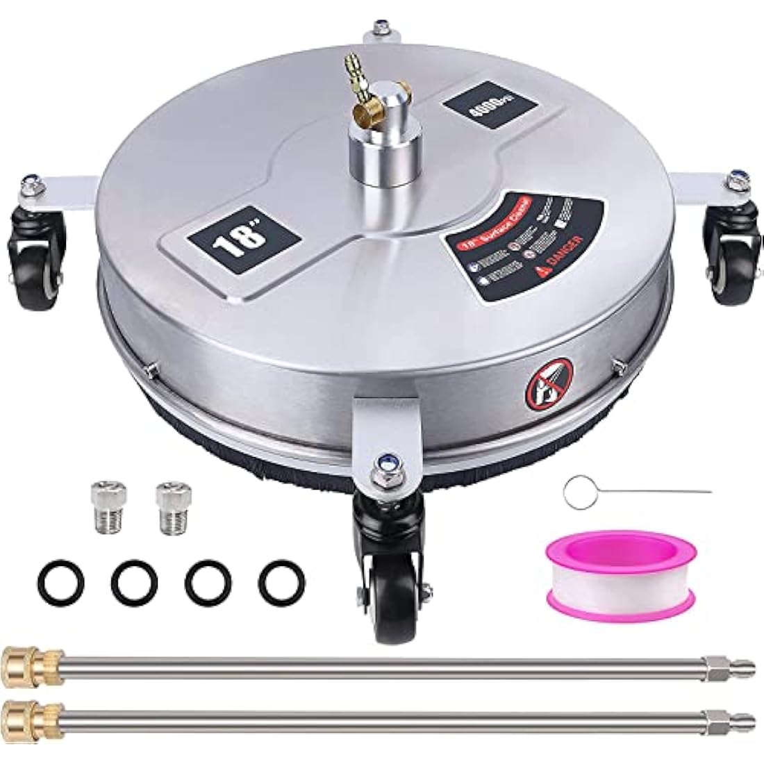 20" Pressure Washer Surface Cleaner with 4 Wheels, Stainless Steel Housing & 1/4" Quick Connector, Power Washer Attachment with 2 Extension Wands, 2 Replacement Nozzles, 4000 PSI (20inch)