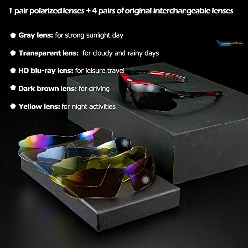 ROCKBROS Polarized Cycling Sunglasses for Men Women Sports Sunglasses UV Protection Cycling Glasses with 5 Interchangeable Lenses Bike Goggles TR90 Unbreakable Frame
