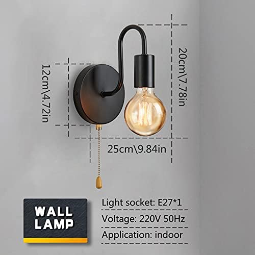 Lightess 2Pcs Wall Light with Switch Pull Cord Wall Lights E27 Socket, Retro Metal Iron Wall Sconces Industrial Wall Lamp for Bedroom Living Room Hallway (No Bulb, Black)