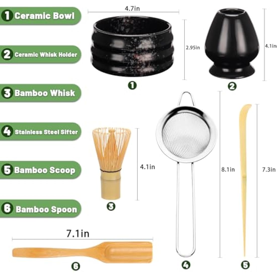 Geebuzz Matcha Whisk Set - Matcha Bowl and Bamboo Matcha Whisk, Scoop, Spoon, Sifter, Whisk Holder, 6pcs Perfect Matcha Starter Kit for Matcha Tea Ceremony (Black)