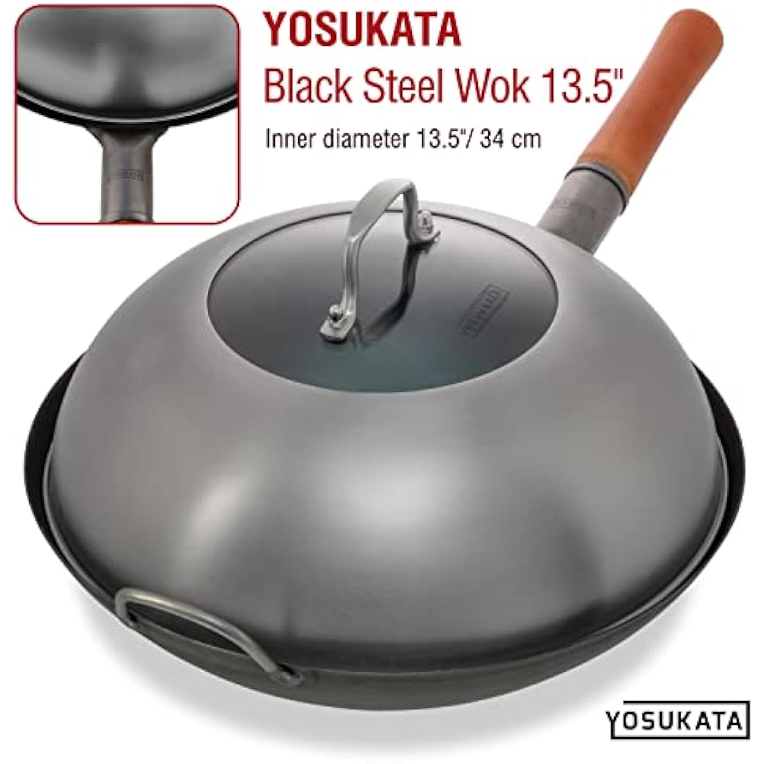 YOSUKATA Wok Lid 32.5 cm for Wok 34 cm - Premium Stainless Pan Cover with Tempered Glass Insert Steam Holes and Ergonomic Handle - Durable Asian Accessories -Dishwasher-Safe Lid