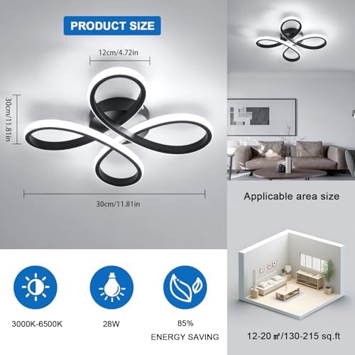 Dorlink LED Ceiling Light, Modern Flower Ceiling Lights Black Chandeliers Ceiling lamp, 3000/4500/6500K 3 Color Small Flush Ceiling Light for Bedroom, Living Room, Kitchen, Hallway, Bathroom, Porch