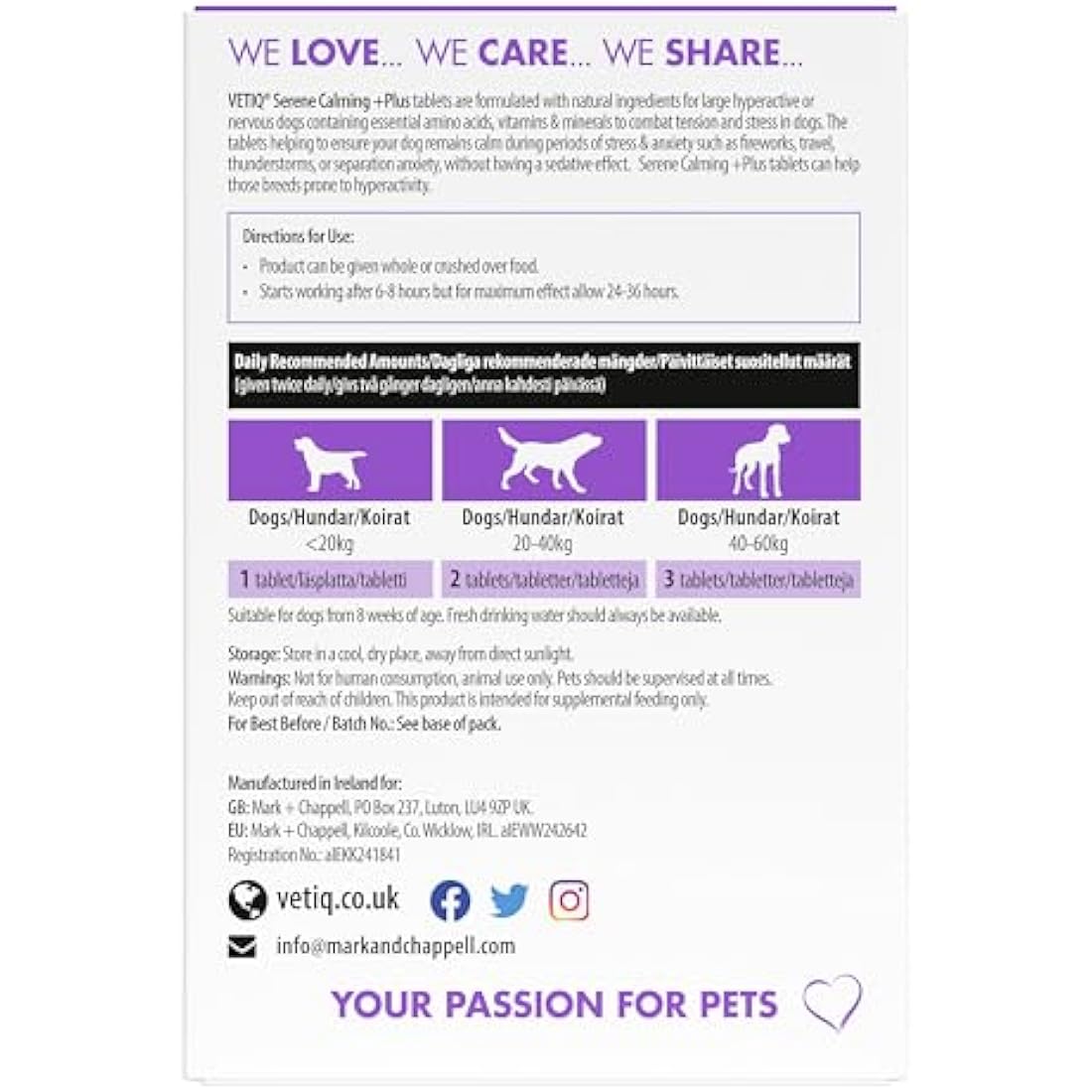 VETIQ Serene Calming Plus+ Tablets For Large Dogs, Helps to Reduce Anxiety in All Scenarios Short & Long Term , 60 Tablets