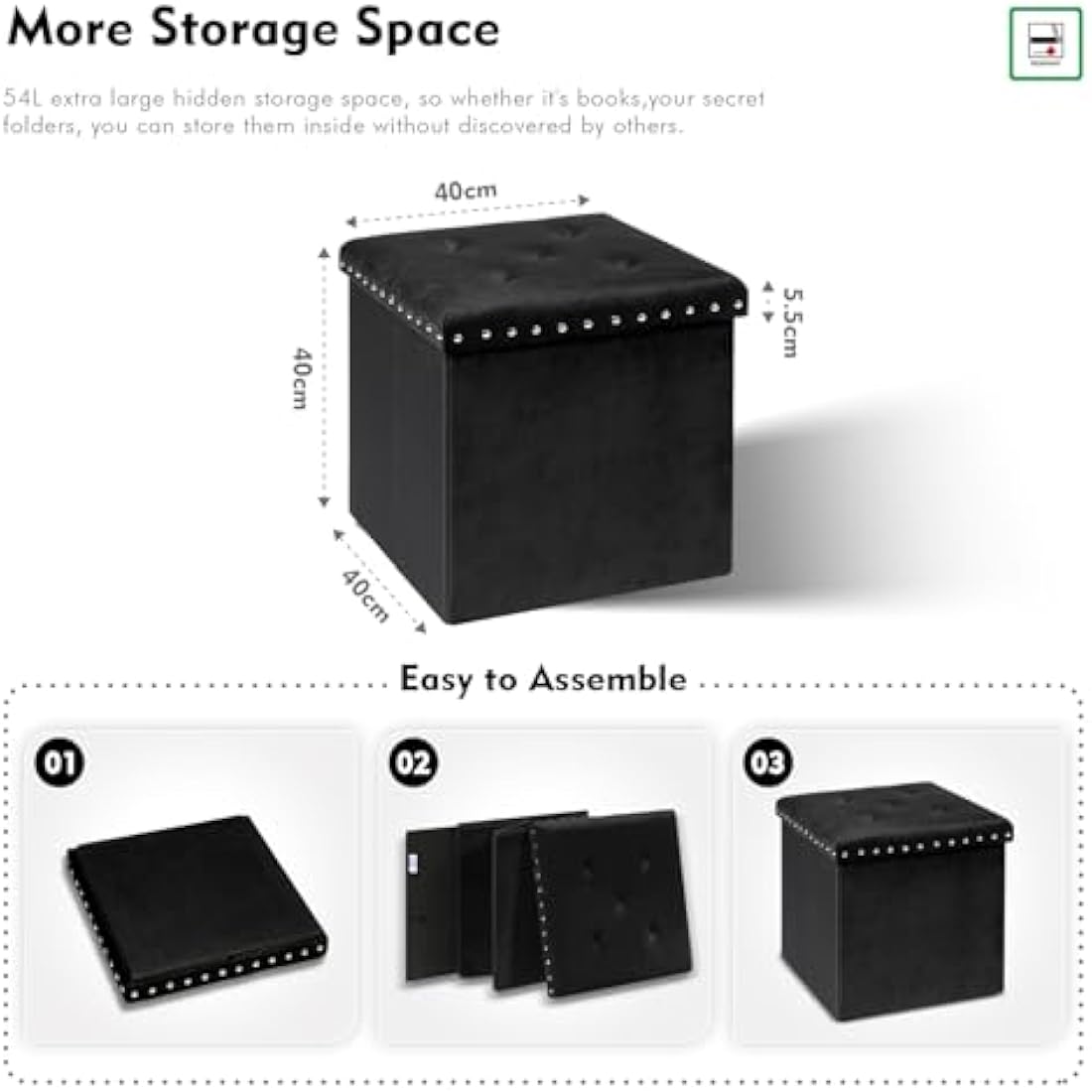 Bonlife Velvet Ottoman with Storage,Large Storage Boxes with Lids,Folding Coffee Table Ottoman Seat,Footstool for Living Room,Black,40x40x40cm