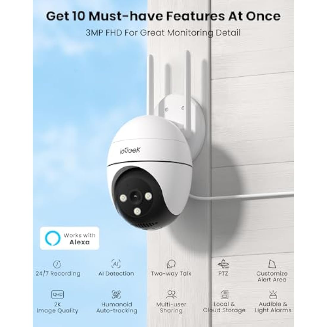 ieGeek 2.4G/5GHz PTZ Security Camera Outdoor, 2K Dual-Band WiFi CCTV Camera, Color Night Vision, WiFi Home IP Camera with Human Detection, Siren, 2-Way Audio, Support Alexa, Memory/Cloud, 2PCS (Wired)