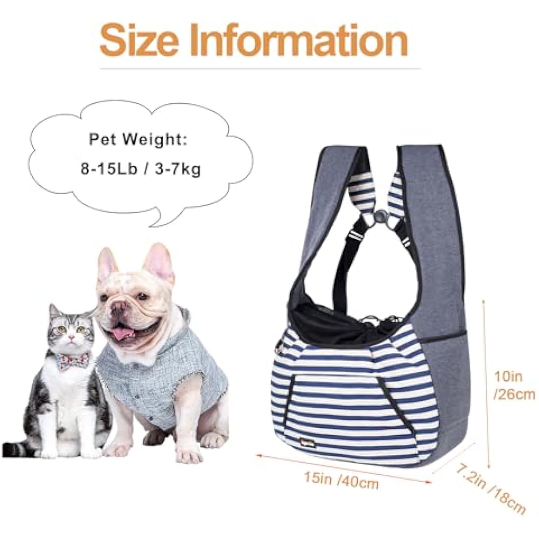 NATUYA Dog Sling Carrier Puppy Carrier, Adjustable Pet Front Sling Carrier Backpack Travel Bag, Bottom Pad, Pet Carrier for Small Dog Cat Puppy Traveling Hiking Camping (Blue Stripe, 3-7kg)
