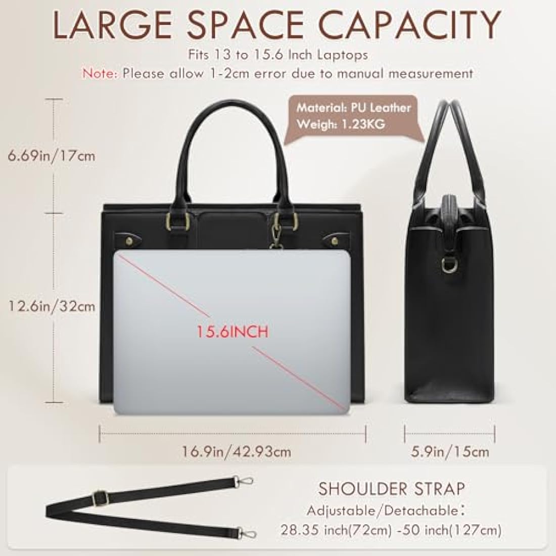 RAINSMORE Laptop Bags for Women PU Leather Work Bags for Women Tote Bag Large Handbag Shoulder Bag for Office Bussiness 15.6 Inch Black
