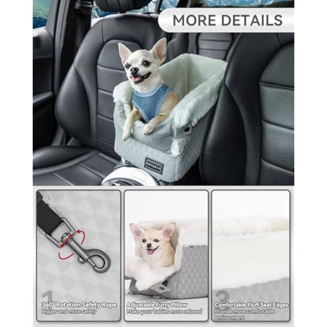PETSFIT Center Console Dog Car Seat - Secure Safety Hooks & Upgraded Tethers, Removable Washable Cushion for Small Pets up to 6kg (Light Grey)