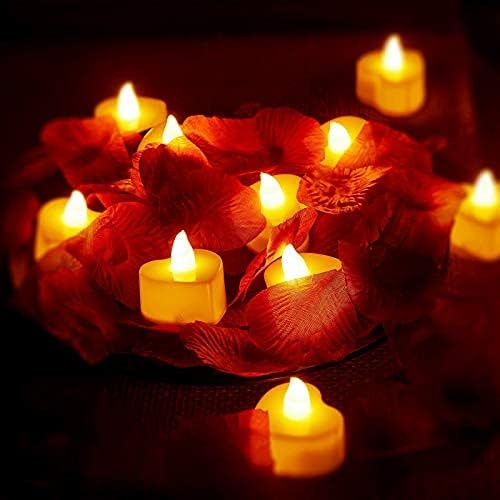 Mudder 12 Pcs Heart Shape LED Tealight Candles Love LED Candles with 200 Pieces Silk Rose Petals Scatter Artificial Petals for Valentine's Day Wedding Table Party Decor(Yellow Light, Dark Red Petal)