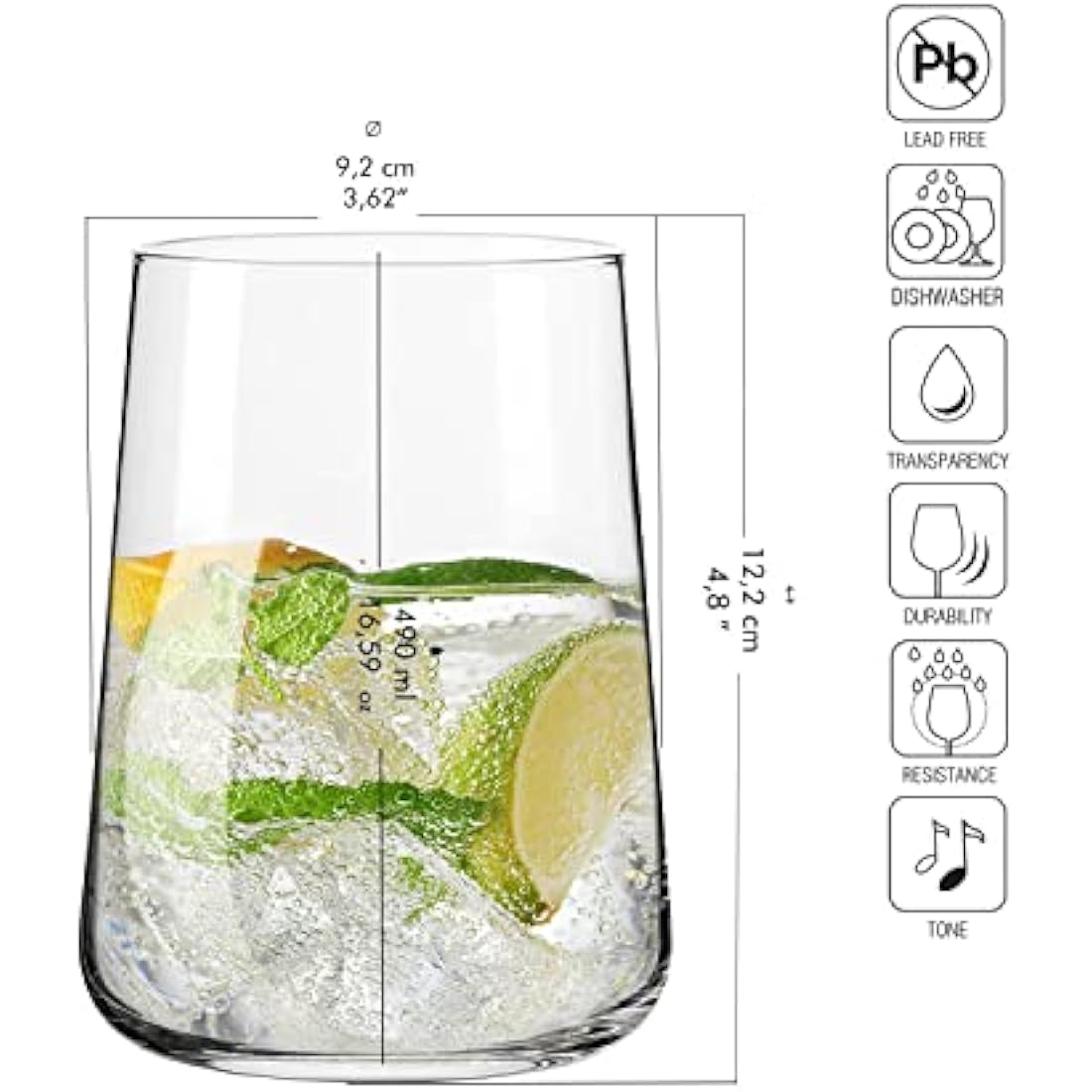 Krosno Water Glasses, Drinks and Juice Glass Tumbler | 490 ml | Set of 6 | Infinity Collection | Lead-Free Crystal Set Glassware | Glass Cups, Glass Tumblers | Ideal for Home & Bar | Drinking Glasses