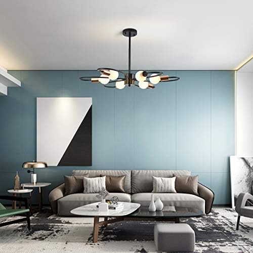 Qcyuui 6-Light Black Chandeliers, Gold Sputnik Ceiling Light, Vintage Instustrial Metal Pendant Light, Adjustable Height Chandeliers for Living Room Bedroom
