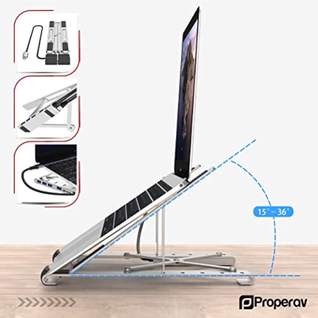 Properav Portable Aluminium Laptop Stand with Integrated 100W PD USB-C Charging Hub inc 4 x USA-A Ports for Dell, Toshiba, HP, Samsung, MacBook, Lenovo