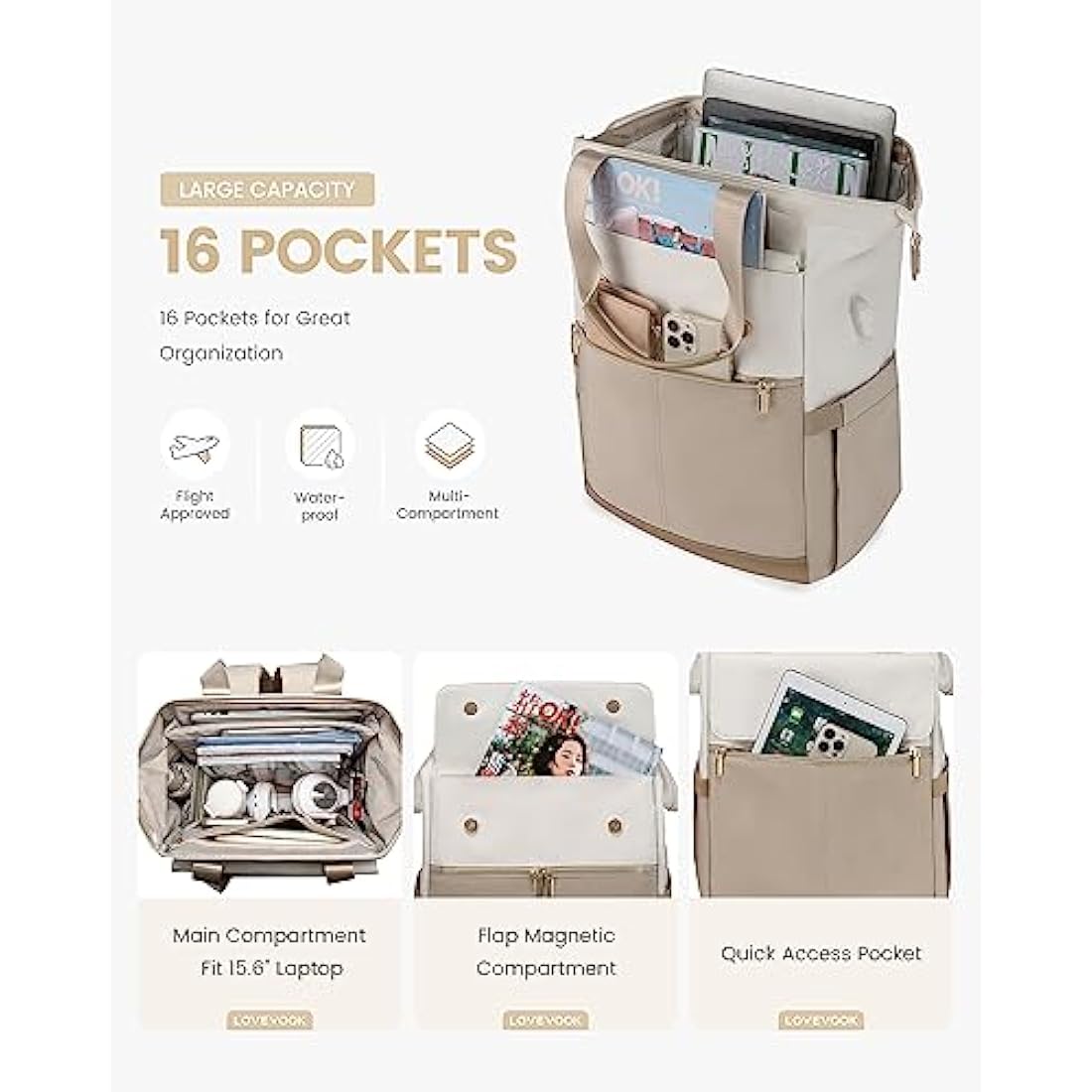 LOVEVOOK 17.3 inch Laptop Rucksack Bag for Ladies, Backpack Womens, Daypacks for Office Teacher Nurse, Fashion School Bags with USB Port for Work University Travel Business, Beige-Khaki