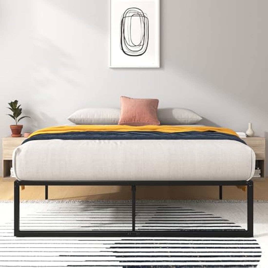 Zinus Lorelai King size Bed frame - Bed 150x200 cm - 36 cm Height with Underbed storage - Metal Platform Bed frame with Steel slat support - Black