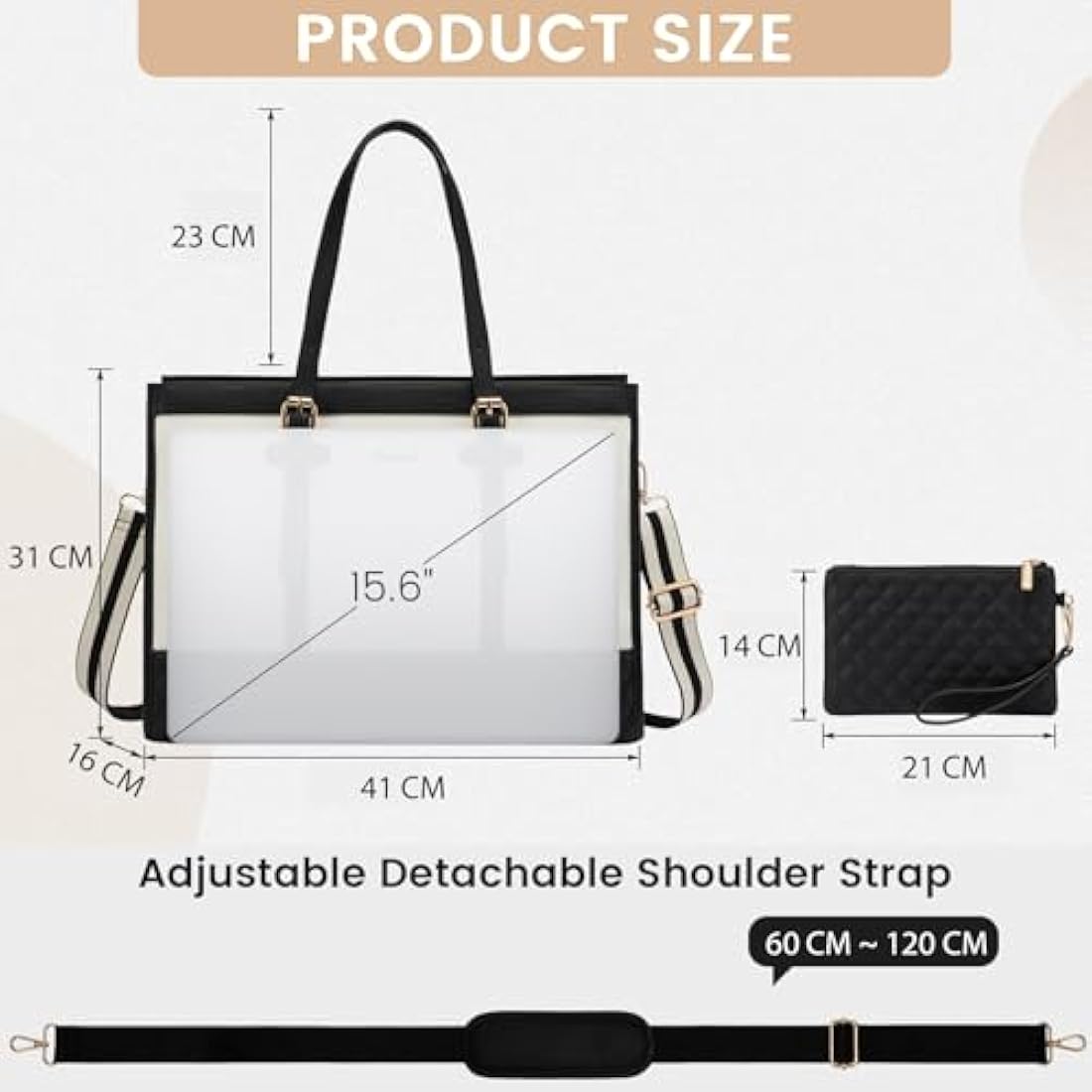 LOVEVOOK Laptop Bags for Women 15.6 Inch, Ladies Handbags for Work Business, Womens Large Tote Bag, Shoulder Bag with Clutch Lightweight for Office Business School College Shopping, Black White