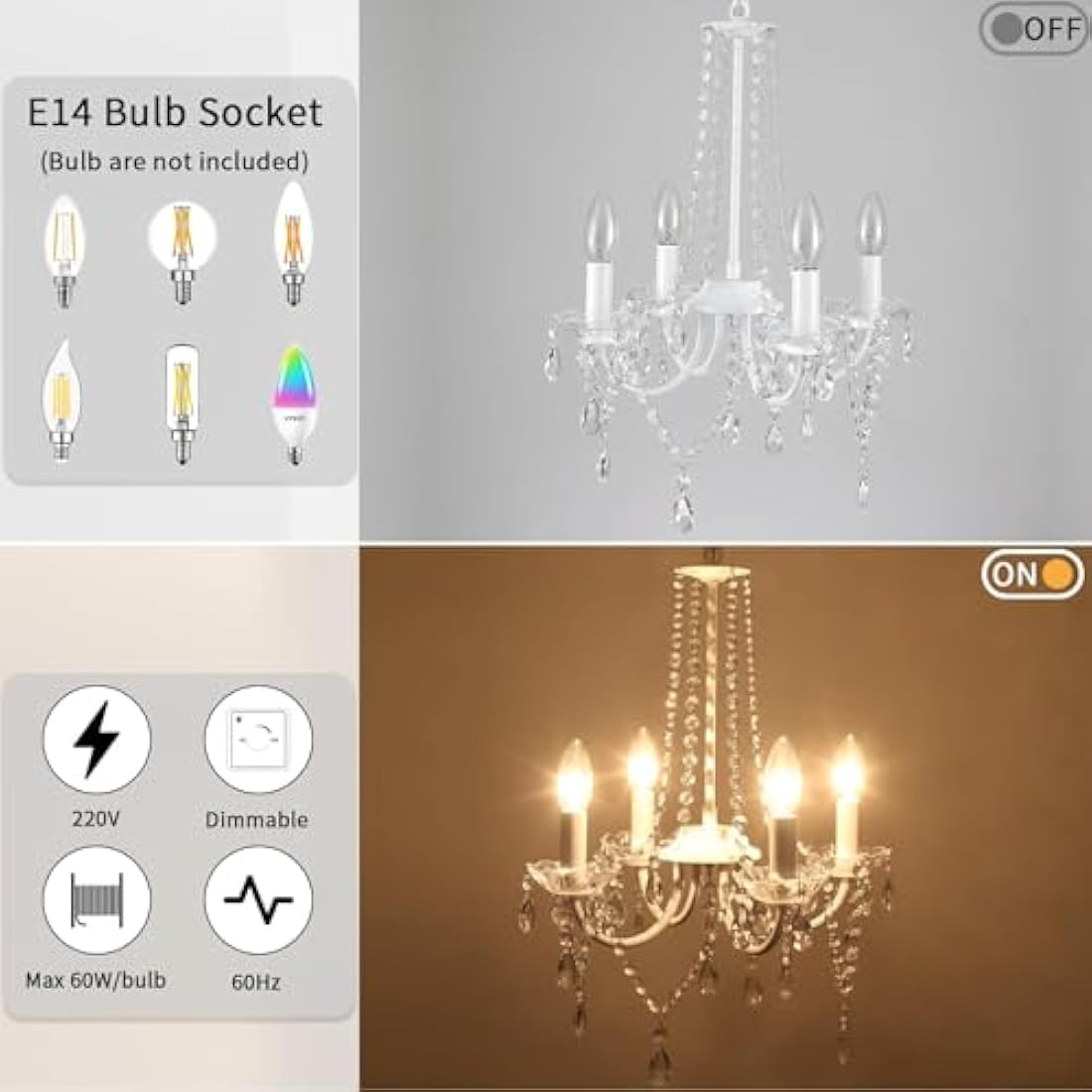QAREHL Crystal Chandelier, 4 Lights Chandeliers Ceiling Light Modern Dining Room Lights Ceiling for Living Room, White Chandelier for Bedroom, Kitchen, Hallway, E14 Socket