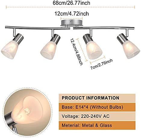 Unikcst Ceiling Lights Rotatable 4 Way LED Spot Lights Chrome & Glass Lamp Fittings Ceilings E14 240V for Kitchen Living Room Hallway (No Bulbs)