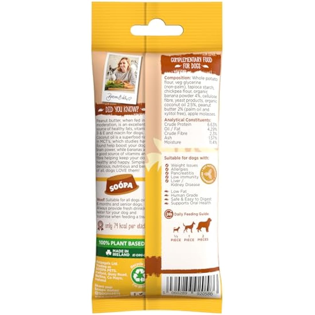 Soopa Grain Free Banana and Peanut Butter Dental Dog Treats, 4 Sticks
