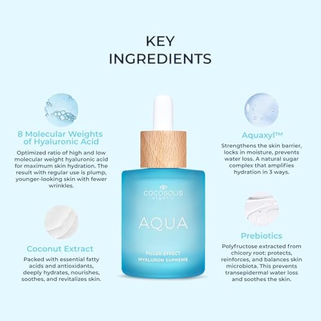 COCOSOLIS AQUA Filler-Effect Hyaluron Supreme facial serum with 8 types of hyaluronic acid and Aquaxyl™, vegan anti-age day care with ultra hydration