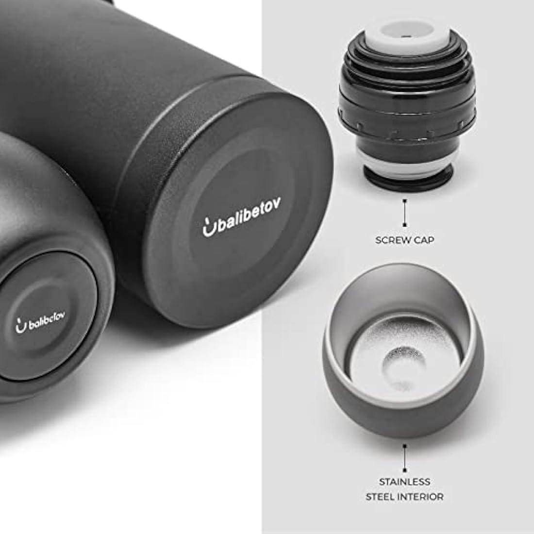 balibetov Complete Yerba Mate Set - Modern Mate Gourd, Vacuum Flask, Bombilla and Cleaning Brush Included - All Premium Quality 304 18/8 Stainless Steel (Black)