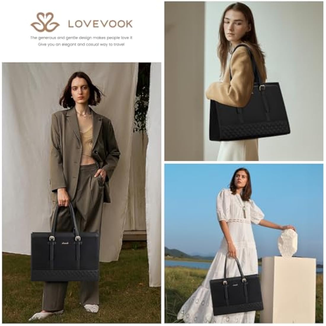 LOVEVOOK Laptop Bags for Women 15.6 Inch, Ladies Handbags for Work Business, Womens Large Tote Bag, Leather Shoulder Bag with Clutch Lightweight for Office Business School College Shopping, Black