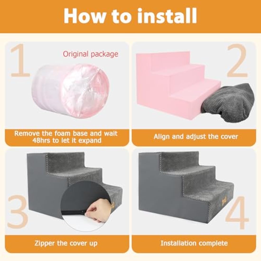 Nepfaivy Dog Steps Stairs for Bed - Non-Slip Pet Stairs for Small Dogs and Cats, 3-Steps Dog Ramp for Sofa with High Density Foam and Removable Cover, 45x40x34cm