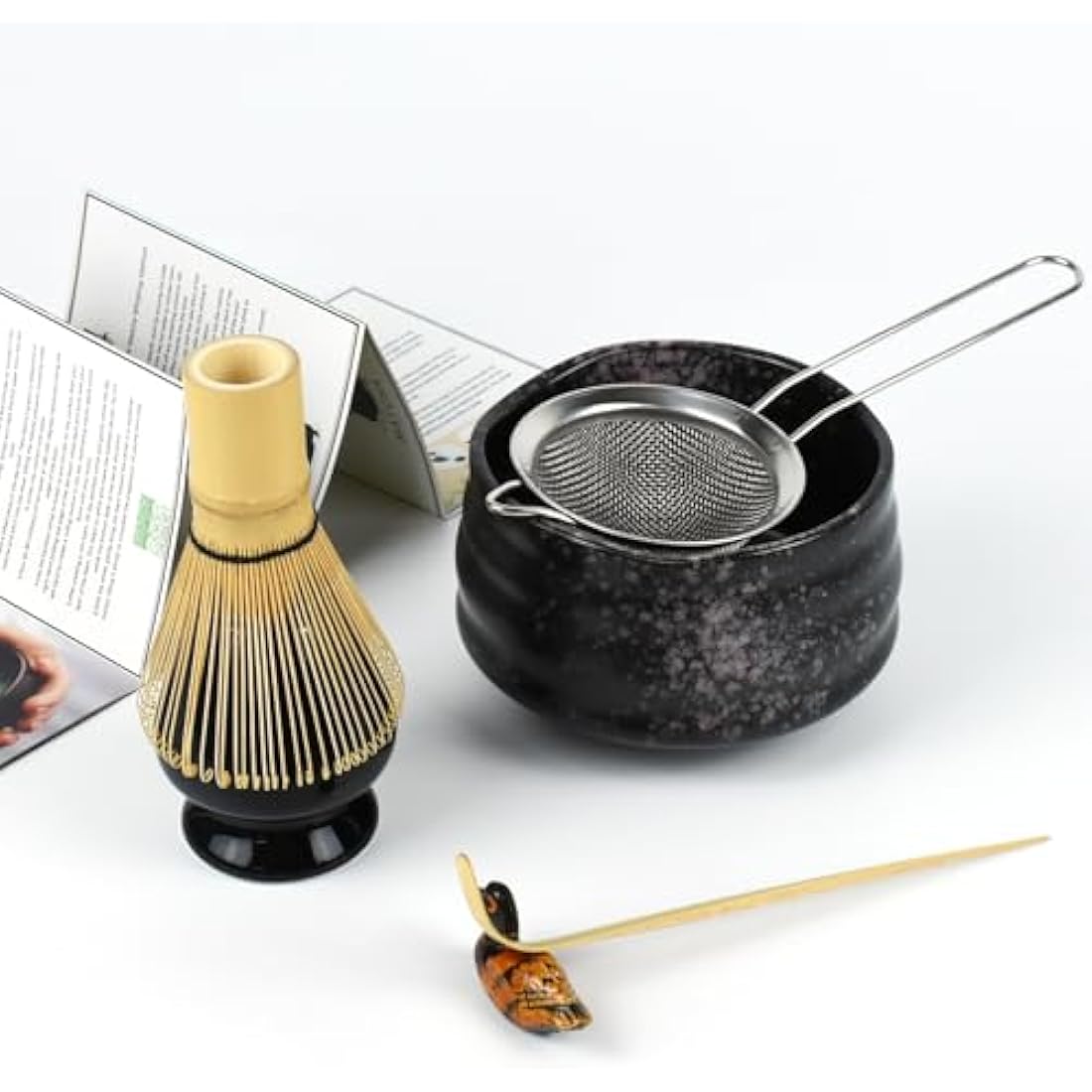 Artcome Matcha Ceremony Kit for Japanese Tea Ceremony, Traditional Matcha Bowl, Whisk, Tea Scoop, Matcha Powder Strainer, Matcha Tea Set for Making Usucha, Koicha and Matcha Latte (Black)