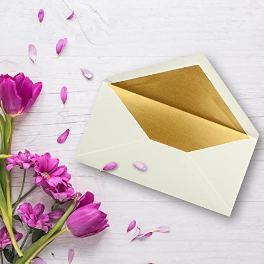 NEUSER PAPIER 100 envelopes DIN long - natural white with gold metallic inner lining - 110 x 220 mm - wet glue - festive envelopes for Christmas