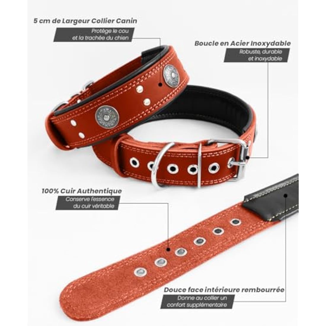 Leather Dog Collar, 5 cm Wide, Robust Genuine Leather Collar, Handmade, Soft and Luxurious, Eye-catching Best Choice for Large and Medium Dog Breeds, Red, 42-52 cm