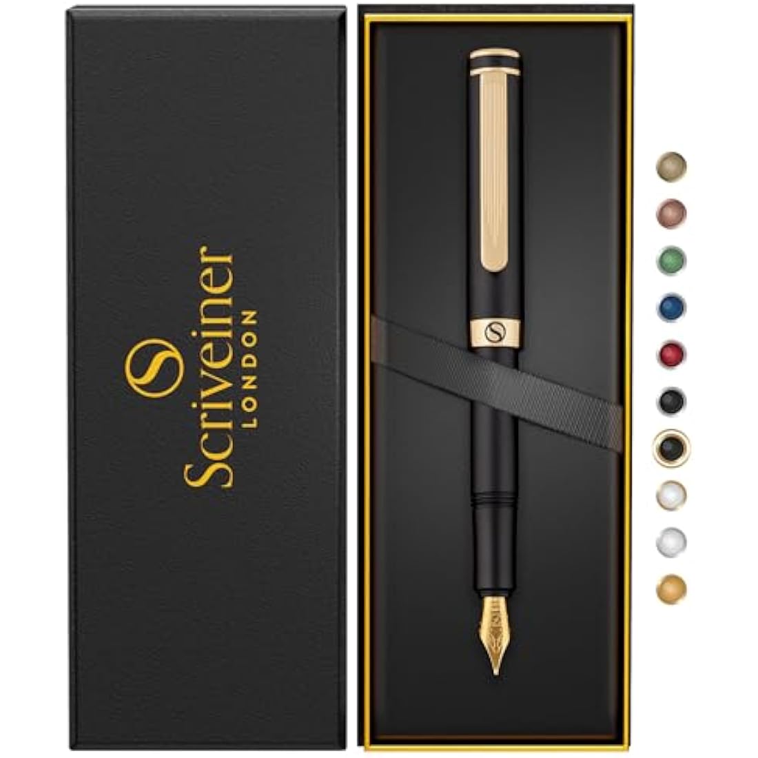 Scriveiner Luxury EDC Fountain Pen (Fine), Stunning Black Pocket Pen, Real Gold Plating, Schmidt Gilded Nib, Converter, Best Writing Pen Gift Set for Men & Women, Nice Fancy Office Designer Pen