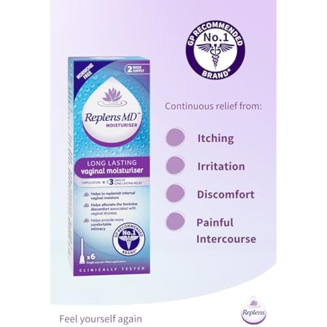 Replens Long Lasting Vaginal Moisturiser, Up to 3 days of long-lasting relief from vaginal dryness, Relieves Discomfort, Hormone Free, Clinically Tested, Pack of 6 Pre-Filled Applicators