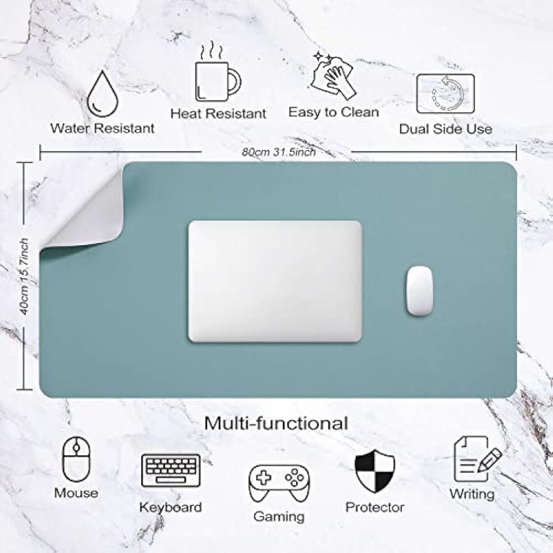 Desk Pad Large, Desk Mat, Extended Mouse Mat, Mouse Pad L, Desk Blotter, DOBAOJIA Laptop Pad Writing Pad for Office/Home, Dual-Side Use PU Leather Waterproof 31.5" X 15.7"(Greyish Green/Grey)
