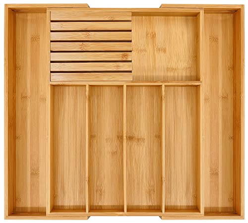 VaeFae Bamboo Cutlery Organiser for Kitchen, Wooden Utensil Drawer Organiser, Expandable Cutlery Tray and Utensil Holder