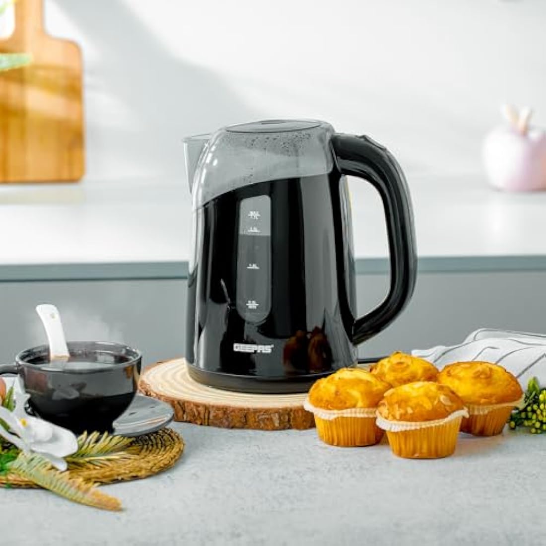 GEEPAS Illuminating Electric Kettle | 1.7L Cordless Jug Kettle with LED Lighting for Hot Water Tea or Coffee | Boil Dry Protection & Auto Shut Off | Swivel Base with Auto Lid Open | 2200W Black