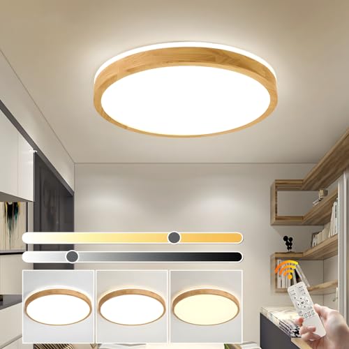 YYUTLUO LED Ceiling Light Wood, Top 360 Glow Round Natural Wooden Lamp | Dimmable with Remote Control 2700K-6500K, 30W | Living Room, Dining Room,