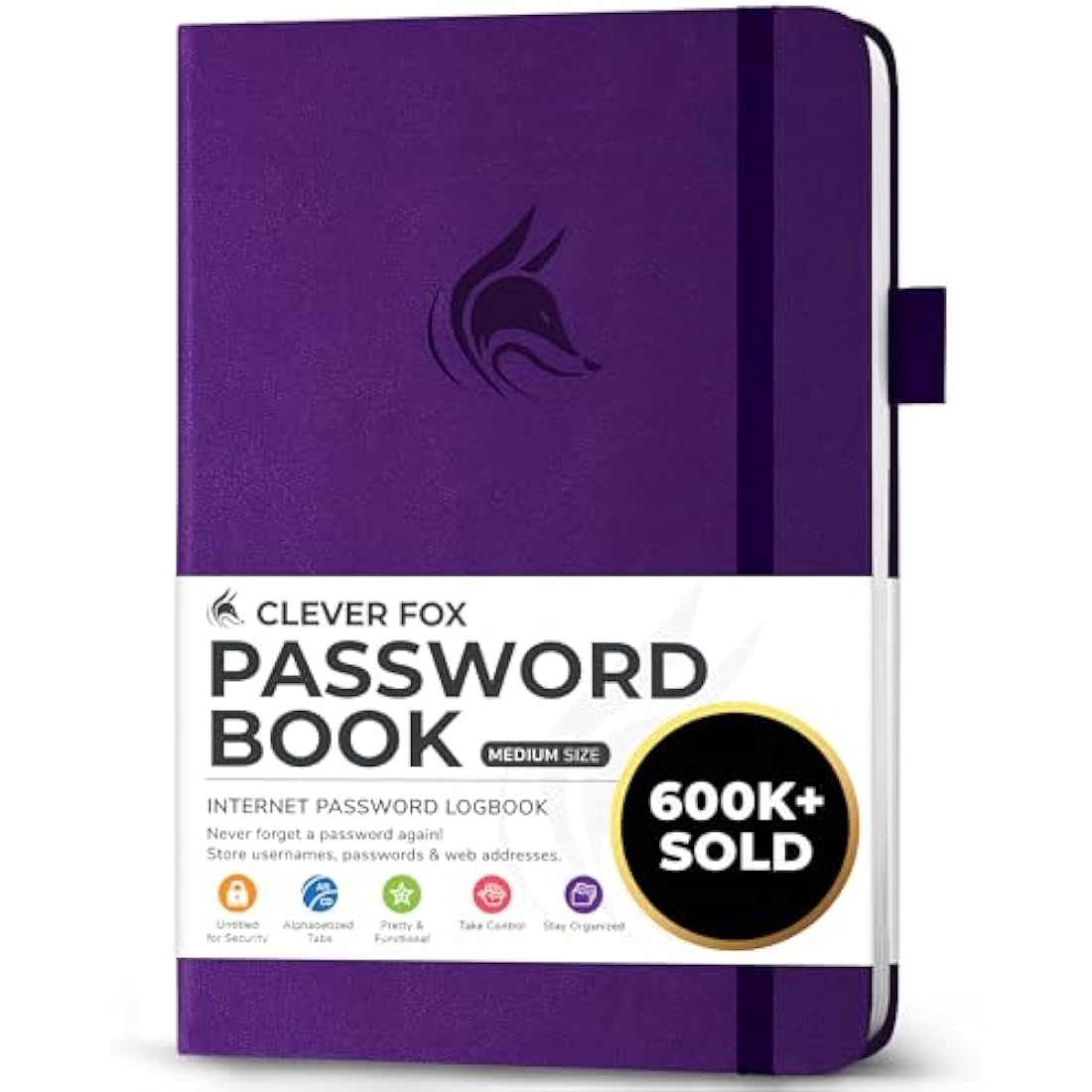 Clever Fox Password Book with alphabetical tabs. Internet Address Organizer Logbook. Medium Password Keeper for Website Logins (Purple)