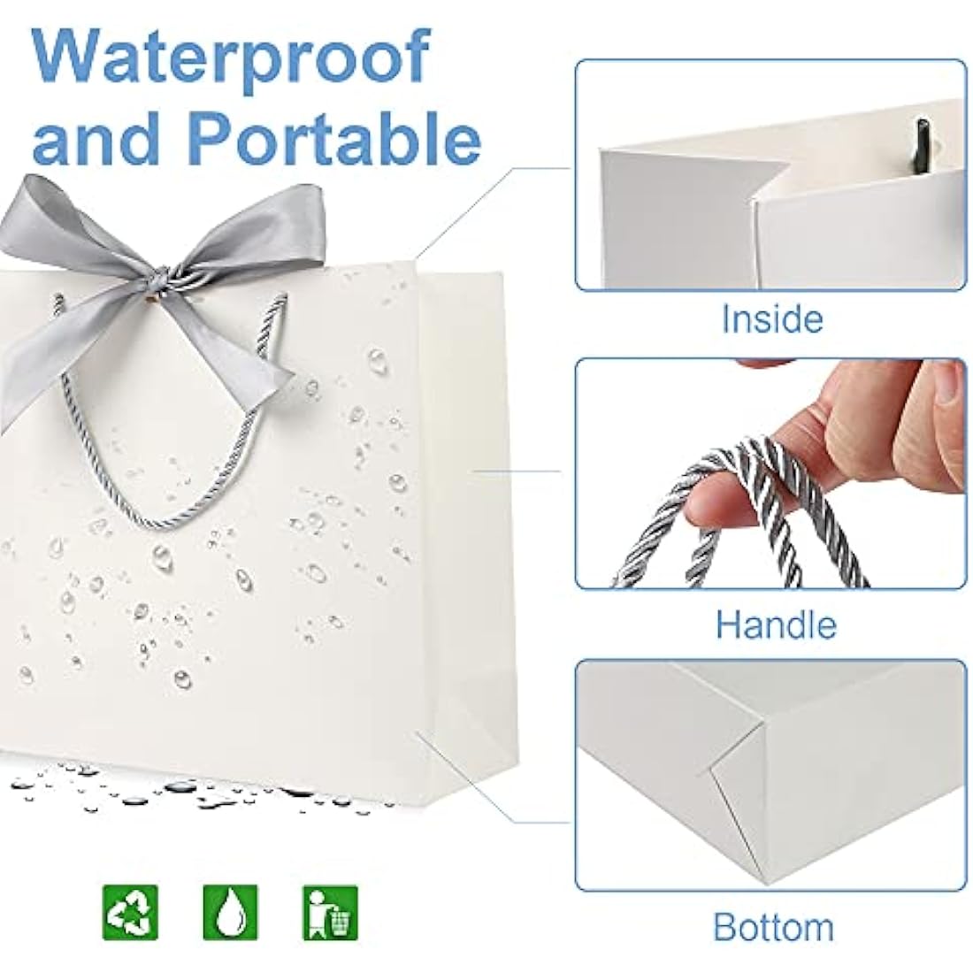 Gift Bags White with Silver Bow Ribbon,Luxury Present Bags for Birthday,Weddings,Party,Bridesmaid,Bridal Shower,12.6x9.8x3.9inches,(White,8 Pack)