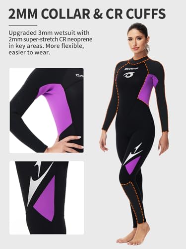 Owntop Women's Full Length 3/2mm Wetsuit, Ultra-Stretch Long Sleeve Winter Wetsuit, Back Zip Adult Neoprene Surfing Diving Wet Suit, Women Purple S