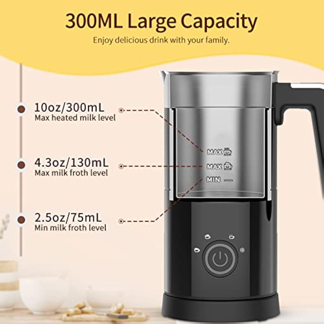 Milk Frother Electric 4 in 1 - Automatic Milk Frothers 300ml Large Capacity Milk Steamer Silent Operation Milk Heater and Warmer Hot & Cold Milk Foamer Maker for Latte Coffee Chocolate