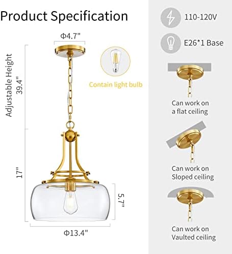 WUZUPS Chandelier Rustic Farmhouse Industrial Round Ceiling Pendant LED Light Fixture with Clear Glass Shades for Dining Room Kitchen Island Foyer Entryway, H 43 x W 34, E27 Base, Brushed Gold