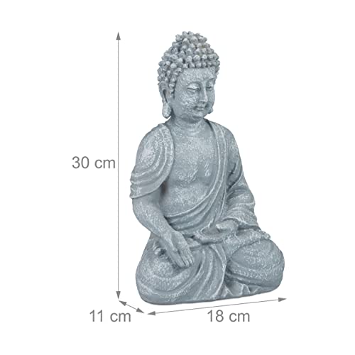 Relaxdays Buddha Ornament Sitting 30 cm high, Garden Decorative Figurine; Weatherproof, Frost-proof, Light Grey