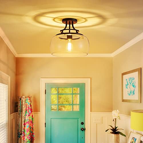 WUZUPS Chandelier Rustic Farmhouse Industrial Round Semi-flushmount Ceiling LED Light Fixture with Clear Glass Shades for Bathroom Kitchen Foyer Entryway, H 30 x W 34, E27 Base, Black