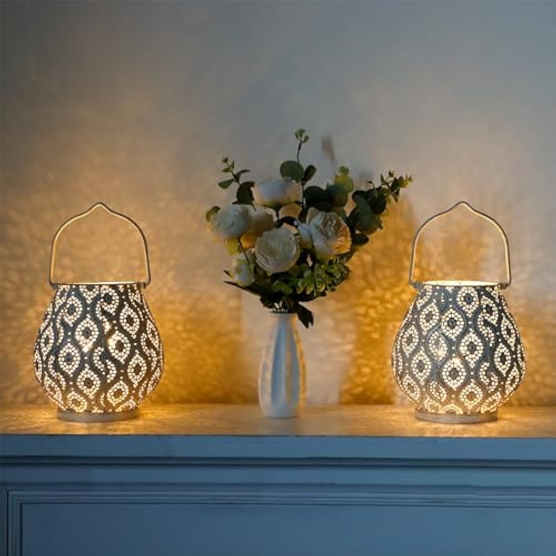 TRIROCKS Set of 2 Moroccan Decorative Metal Table Lamps 26cm H Battery Powered Cordless Lanterns with Fairy Lights Bulb for Home Living Room Garden Yard Party Events Tabletop Indoor Outdoor (White)