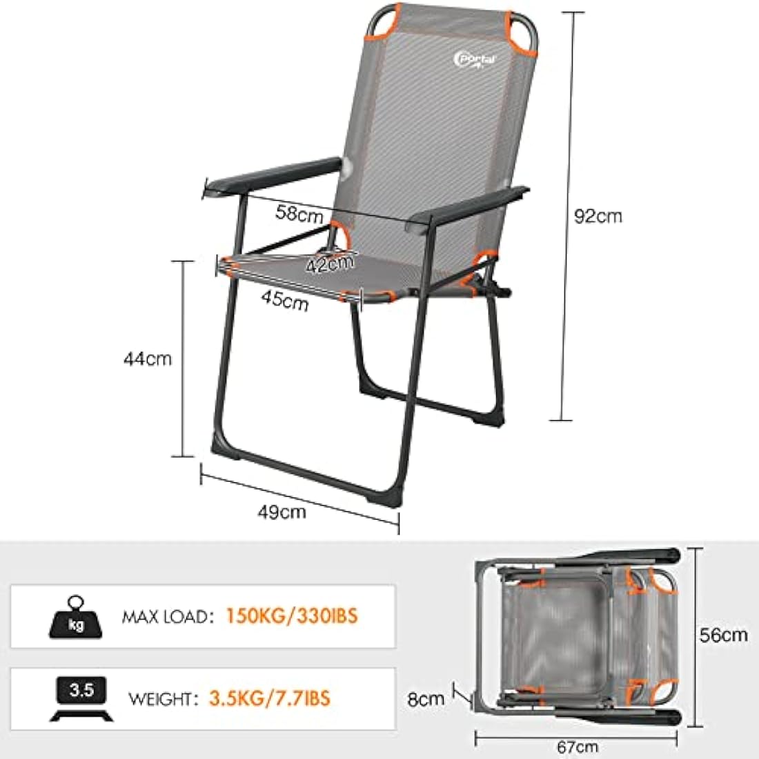 Portal Folding Chair Camping Garden Beach Fishing Outdoor Foldable Chair Lightweight Fold up Picnic Chair High Back Portable Chair Compact with Armrests