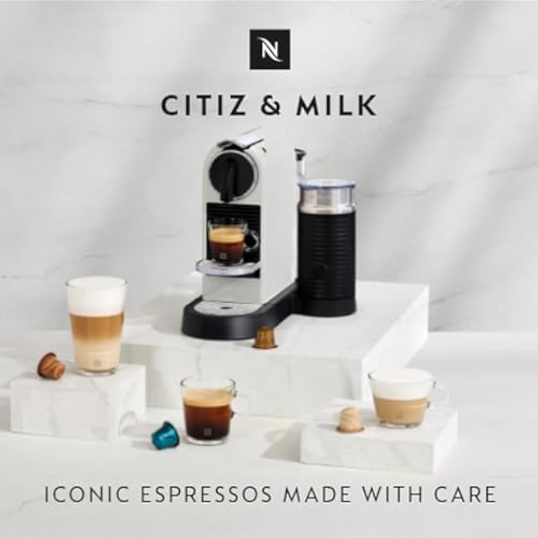 Nespresso Citiz Coffee Machine with Aeroccino Milk Frother by De'Longhi for Original Coffee Pods, Latte, Cappuccino, Espresso, Starter Capsule Set Included, EN267.WAE, White
