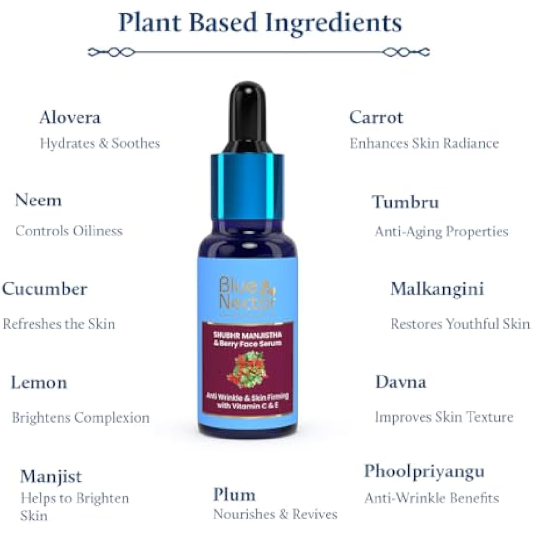 Blue Nectar Manjistha Vitamin C Face Serum for Anti Wrinkle| Advanced Anti Aging Formula with Power of Vit C & E |For Glowing Skin with Radiant Berries (13 herbs, 30 ml)