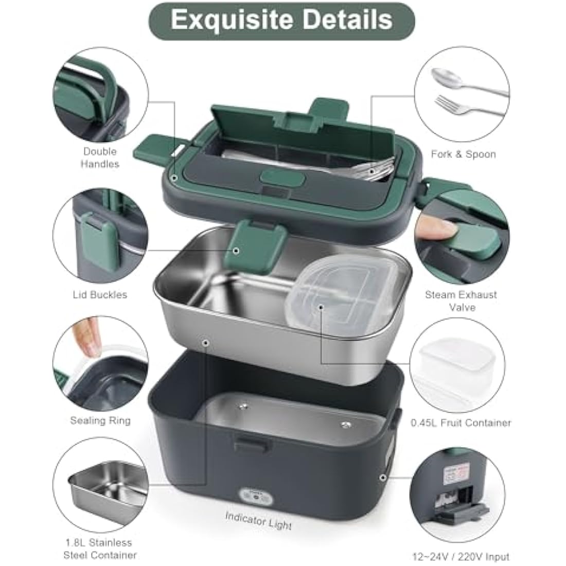 AUTOPkio Electric Lunch Box 1.8L 80W, 12V/24V/220V Upgraded Large Heated Lunchbox Heating Food Warmer with Carry Bag Fork Spoon for Car Truck Office