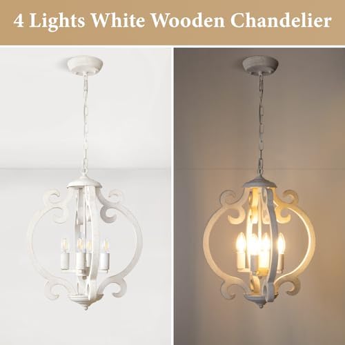 LynPon 4 Lights White Farmhouse Chandelier Ceiling Light Rustic French Light Fittings Ceilings Hanging, Antique Vintage Wood Pendant Light for Dining Room Kitchen Living Room Bedroom Hallway