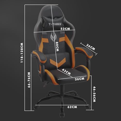 T-THREE.Ergonomic high-back gaming, computer, office, study, swivel, and racing-style chair with adjustable lumbar and headrest support, 150kg weight